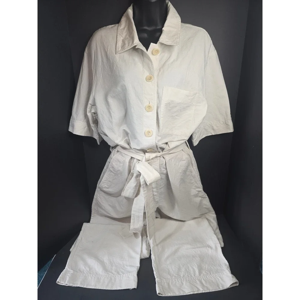 COS Bone Color Linen Short Sleeve Button Front Belted Utility Jumpsuit Size 10